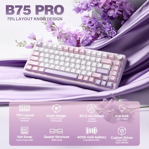 YUNZII B75 PRO 75% Wireless Mechanical Keyboard (Purple, Milk Switch)