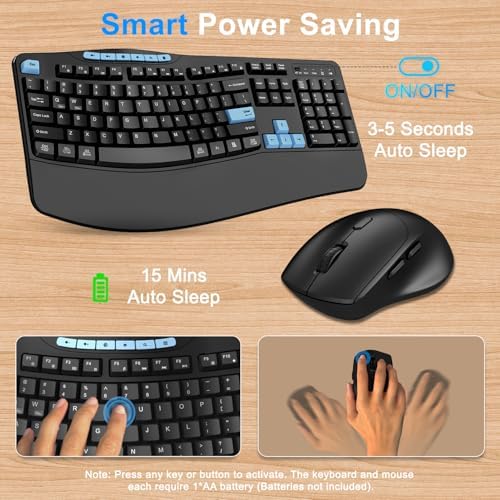 Wireless Keyboard and Mouse Combo, 2.4G Ergonomic Wave Keys(Blue Black)