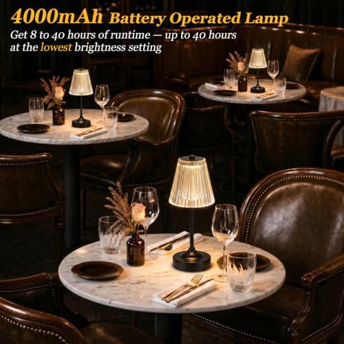 Black Cordless Rechargeable Table Lamp, Touch Battery Powered Lamp, 3 Color Modes, Crystal Acrylic Lampshade, Portable Ambient Night Light for Desk, Bedroom, Living Room, Dining Room, Kitchen, Bar