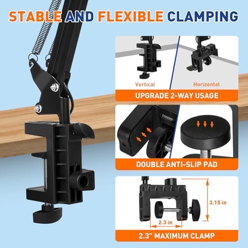 HITTI 30X 15X Long Magnifying Glass with Light and Clamp, 5-Inch Large Real Glass, 5 Color Modes, Stepless Dimmable, Hands Free LED Lighted Magnifier Stand for Workbench, Craft, Jewelry Making