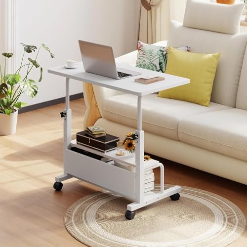 Simple Deluxe 31.5" Manual Standing Desk, Height Adjustable Mobile Computer Desk with Lockable Wheels & 2-Tier Storage, Rolling Laptop Table for Small Spaces & Home Office, White