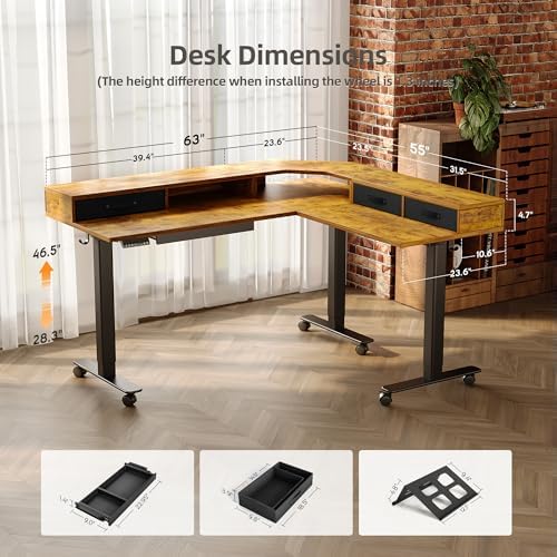 Claiks Dual Motor L Shaped Standing Desk with Drawers, 63inch, Rustic Brown