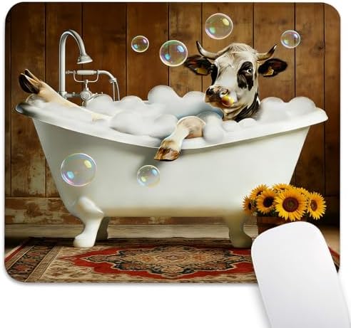 Funny Cow in Bathtub Mouse Pad, Animal with Sunflowers & Bubbles Desk Mat