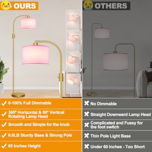 Nintiue Dimmable Floor Lamp, 1200 Lumens LED Edison Bulb Included, Arc Gold Floor Lamps for Living Room Modern Standing Lamp with Pink Linen Shade