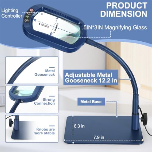 Veemagni 12X Rectangle Magnifying Glass with Light and Stand, Flexible Gooseneck LED Lighted Desk Lamp, 5 Color Modes Stepless Dimmable, Hands Free Magnifier for Reading Painting Close Work - Blue