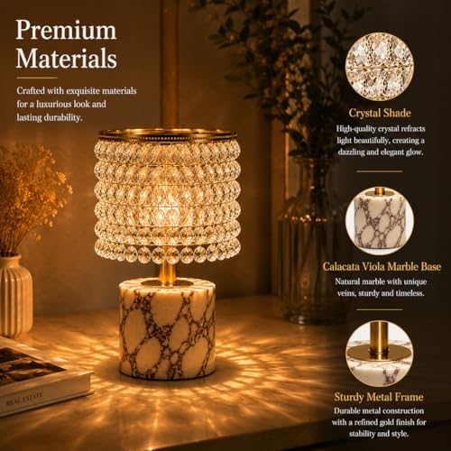 Morlok Marble Lamp with Natural Calacatta Viola Marble Base, K9 Crystal Shade & Gold Metal Frame, 4000mAh Rechargeable Lamp, 12–48H Battery Life, 3-Level Dimming 3000K Warm LED Home Decor Gift