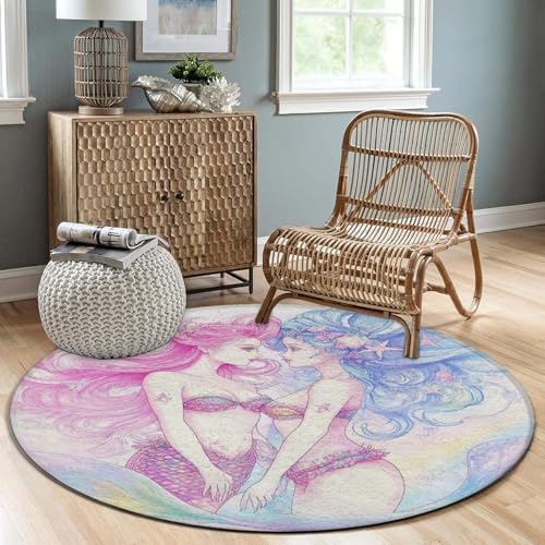 Machine Washable Modern Round Area Rug, Room Sofa Yoga Soft Round Carpet, Home Decor Non Slip Kitchen Office Circle Rug Lesbian Mermaid Anime Girl Love LGBT Pride, 24inch