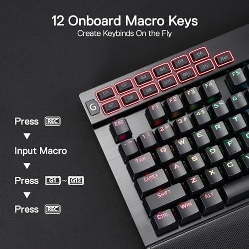 Redragon K550 RGB Gaming Keyboard, 104 Keys + 12 Macro G Keys Wired Mechanical Keyboard w/Aluminum Top Plate, Custom Clicky Purple Switch, Extra USB Port & Wrist Rest