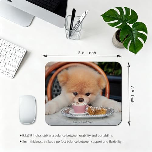 9.5x7.9 Inch Office/Gaming Mouse Pad, Lovely Fluffy Pomeranian Funny Teacup Puppy Pet Snack Time, Cute Anti-Slip Mat for Desk Decor