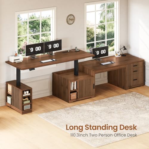 SEDETA Fluted L Shaped Standing Desk with Storage for Home Office, Brown