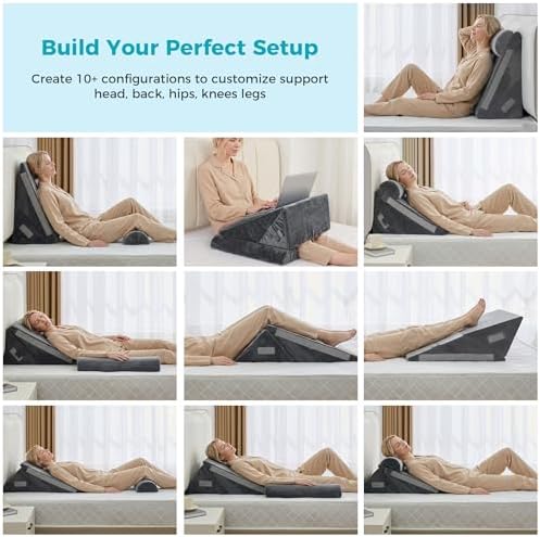 BDEUS 3PCS Wedge Pillow Set for After Surgery, Back Pillow for Bed Sitting up, Orthopedic Foam Wedge Pillow for Acid Reflux Sleep Apnea Back Pain Relief, Post Surgery Pillow for GERD & Snoring, Grey