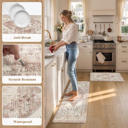 KIMODE Farmhouse Kitchen Mats Cushioned Anti Fatigue Khaki Kitchen Rugs 2Pc