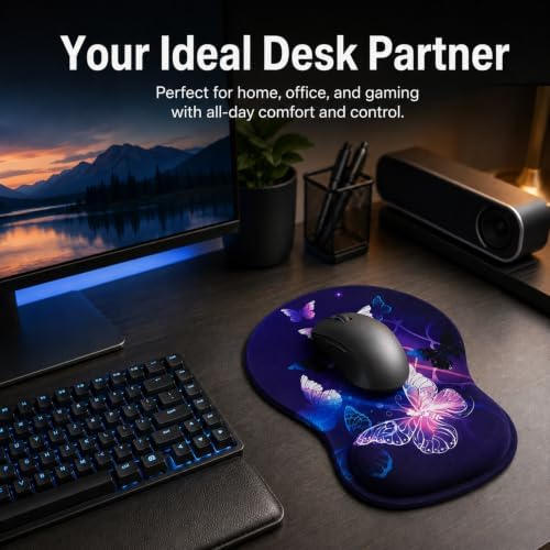Mouse Pad with Wrist Rest Ergonomic Memory Foam Support, Non-Slip Rubber Base, Comfortable Typing Cushion for Home Office Computer Laptop, Butterfly