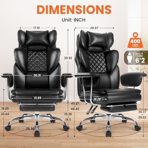 NEO CHAIR Big & Tall Leather Office Chair, High Back, Lumbar Support, Black