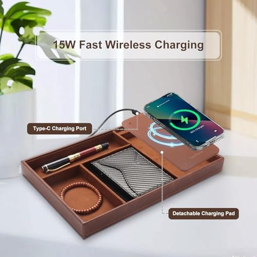 Valet Tray with Wireless Charging, All in one Nightstand Organizer for Men