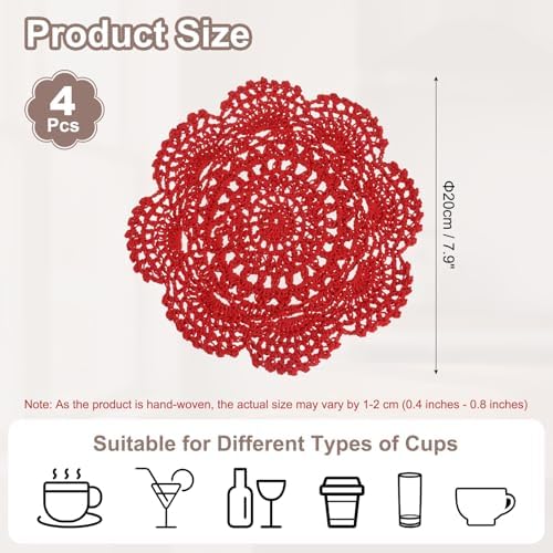 uxcell 4 Pcs Crochet Handmade Cotton Placemat Doilies for Table 7.9" Red