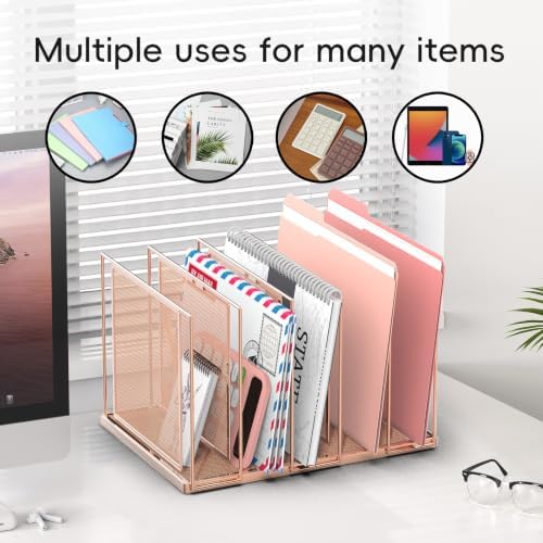 File Organizer for Desk, 5-Section Vertical File Sorter, Paper Holder Organizer Standing Metal File Folder for Office Home Classroom, Rose Gold
