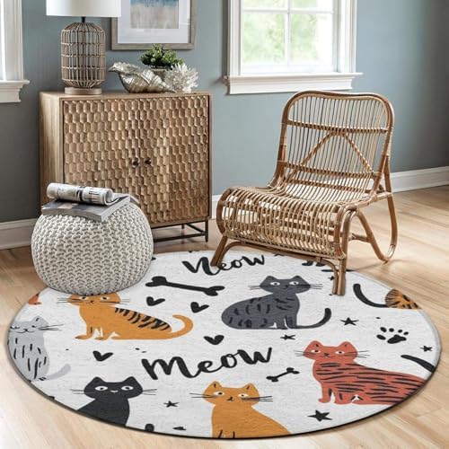 Large Home Decor Mat, Soft Round Yoga Carpet, Non Slip Machine Washable Kitchen Office Circle Rug Cute Cat Animals Pet