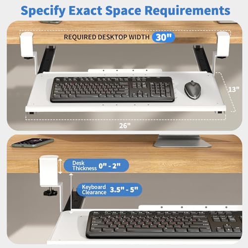 Keyboard Tray Under Desk - Full Metal Slide Out Holder, Rust-Resistant & Scratch-Proof, Double C-Clamps, 26x13" Tray for L Shape/Regular Desks, Standing/Sitting Workstation(White-A)