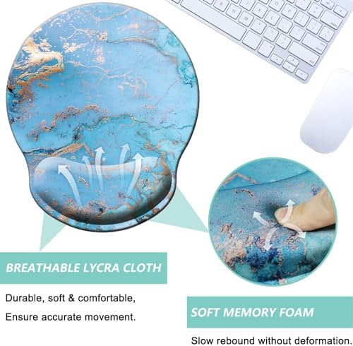 Mouse Pad with Wrist Support, Ergonomic Mouse Pad with Memory Foam Wrist Rest Cushion, Non-Slip Rubber Base Gaming Mice Pad for Home Office Computer Laptop, Sky Blue Marble