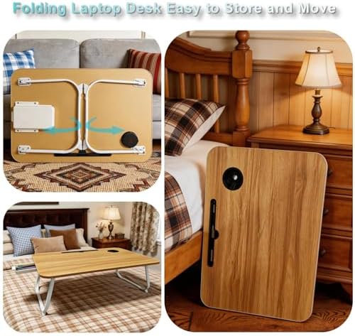 Lap Desk with Drawer, Tablet Slot, Cup Holder - Fits up to 18 Inch Laptops, Folding Bed Desk for Reading, Writing, Eating, Portable Laptop Table for Sofa, Coach, Floor (27.6", Walnut)