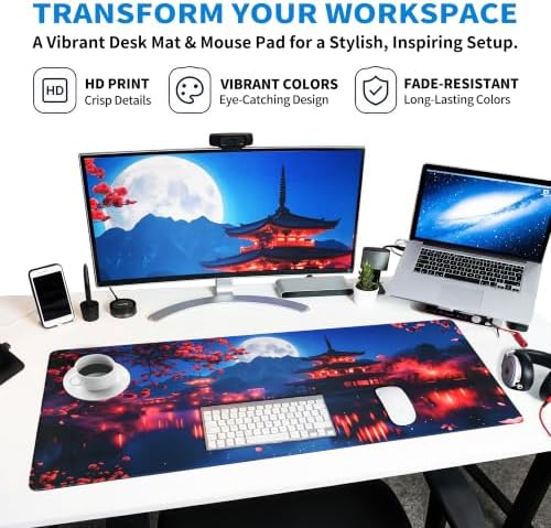 Extended Japanese Nightscape Desk Mat, XXL Large Gaming Mouse Pad, Sakura Pagoda Moon Stitched Edges Waterproof with Non-Slip Rubber Base for Computer Keyboard Laptop Work Home Office 35.4"x15.7"