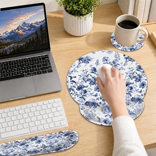 Ergonomic Keyboard and Mouse Wrist Rest Set, Blue Butterfly Flower Berry Mouse Pad with Non Slip Base, Soft Cloth Surface for Office and Home Typing Support