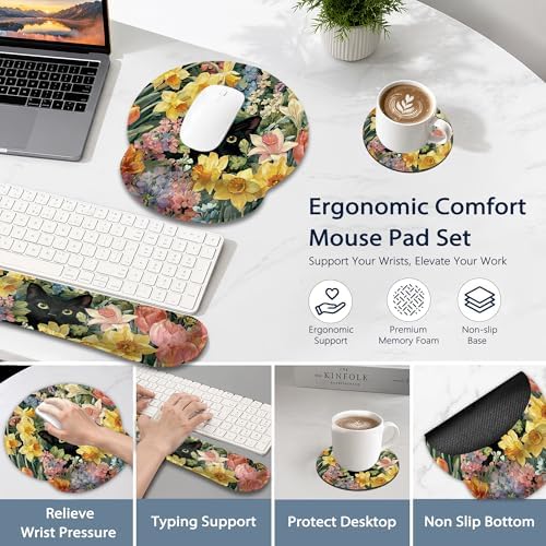 Cute Black Cat Ergonomic Keyboard and Mouse Wrist Rest Set, Flowers Mouse Pad with Non Slip Base, Soft Cloth Surface for Office and Home Typing Support