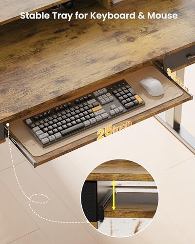 Electric Standing Desk with Keyboard Tray, 63x24 Inches Height Adjustable Stand up Desk with 2 Drawers, Ergonomic Sit to Stand Table with Storage Monitor Stand, Rustic Brown