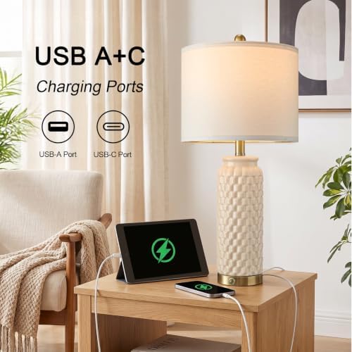 USumkky 25'' Touch Table Lamps for Nightstand Beige Ceramic -3 Way Dimmable