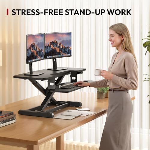 SANODESK 40" Electric Standing Desk Converter， Height Adjustable Riser for Office Home,Dual Monitor and Laptop Workstation with Large Keyboard Tray, Black Color