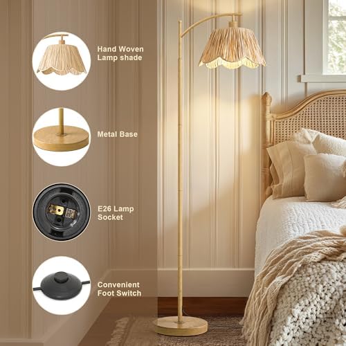 Oneach Boho Floor Lamp for Living Room, Farmhouse Standing Lamp with Foot Switch, Corner Reading Lamps for Bedroom with Hand-Woven Shade, Light Woodgrain Metal Base & Pole