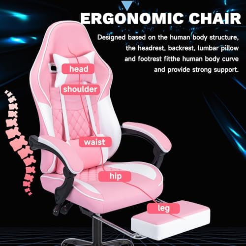 Pink Ergonomic Gaming Chair for Adults with Footrest and Massage