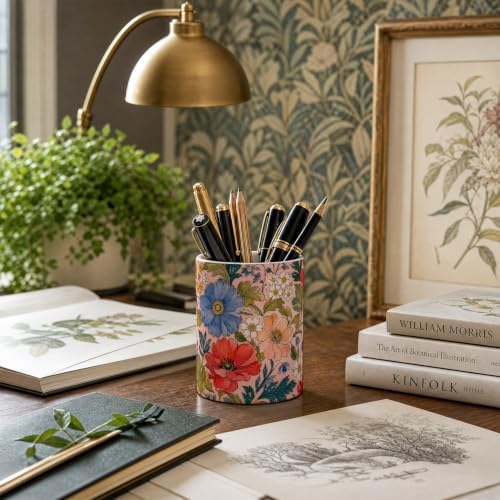 Pen Holder for Desk Ceramic Pencil Cup, Cute Makeup Brush Desk Organizer, Desk Accessories, School Supplies, Teacher Appreciation Gifts, Birthday Christmas Gift for Women (Pink-Flower)