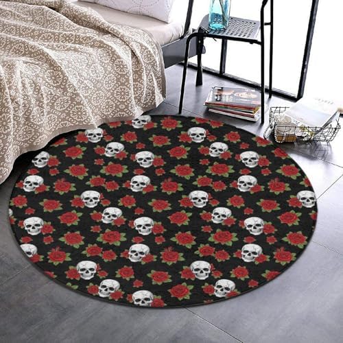 Large Machine Washable Circular Rugs, Home Decor Round Mat for Living Room Sofa Office Halloween Skulls Red Rose, 60inch