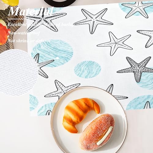 Shrahala Coastal Nautical Set of 8 12 X 18 Inch Linen Placemats, Circles Starfish Blue White Marine Theme Burlap Table Mat Washable Double Layered Heat Insulation for Indoor/Outdoor