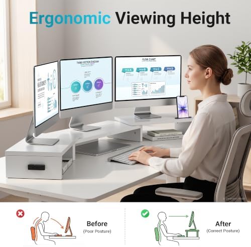 BONTEC Triple Monitor Stand Riser with Smartphone Holder, White