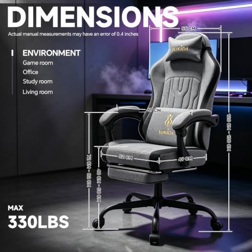 SUKIDA Computer Gaming Chair - Fabric Video Game Chairs with Footrest and Lumbar Support Swivel Comfy Linkage Armrests Gamer Chairs Home Desk Chair for Adults, Grey&Black