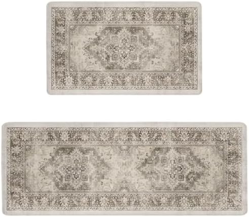 Anti-Fatigue Kitchen Rug, 2PCs, 17.3"x47"+17.3"x29", Gray & White