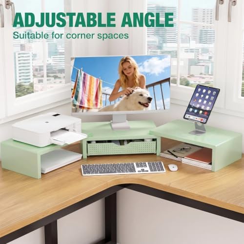 OPNICE Dual Computer Monitor Stand Riser, Desk Organizer with Drawer, Office Desk Accessories & Workspace Organizers for Home Office Supplies, Green