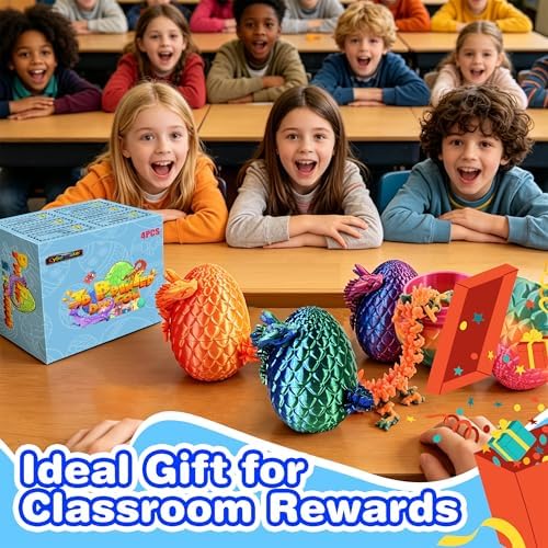 8.5" 3D Printed Dragon Eggs, Flexible Fidget Toys, 3D Printed Animals Set, Unique Birthday Party Favors, Desk Decor & Classroom Prizes for Boys & Girls (4 Pack)