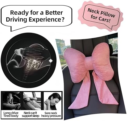 2PCS Chic Car Headrests with Bow-Shaped Cotton Linen Bowknot Neck Pillows for Cozy Road Trip & Cute Interior Decoration (Pink)
