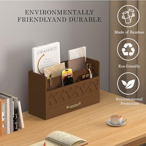 Bamboo Mail Organizer Countertop Pen Holder Wooden Desktop Storage Drawers