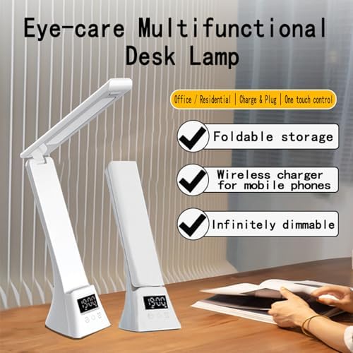 IHAO 3in1 Foldable Eye-Care Desk Lamp with 15W Wireless Charger & Digital Clock Touch Control, 3 Color Temperatures, Alarm, 180° Foldable, Phone Stand, Modern LED Table Lamp TYV-2088 White