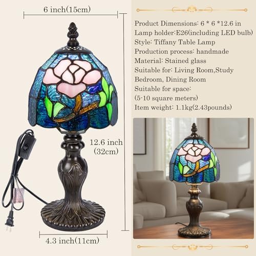 Small Tiffany Table Lamp, 3 Color-Temperature Roses Stained Glass Lamp,6 Inch Tiffany Style Lamp for Bedroom Living Room Home, Handcrafted Light, Included Bulb (Blue)