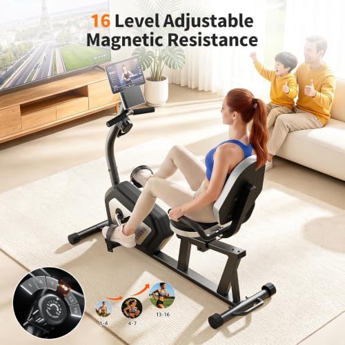RAMXE Exercise Bikes for Home，Quiet Recumbent Stationary Bikes for Adults & Seniors, 16-Level Resistance Silent,Supports 400LB,Equipped With a Heart Rate Sensor, an LCD Display, and a Bluetooth App