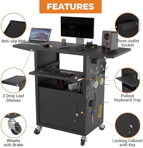 Mobile AV Cart with Pullout Keyboard Tray, Rolling Computer Cart Height Adjustable Rolling Media Utility Cart with 4 Wheels