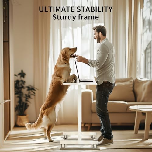 YSSOA Mobile Small Standing Desk - Rolling Desk with Adjustable Height and Lockable Wheels, Sit-Stand Laptop Table, Portable Computer Workstation, Cream White