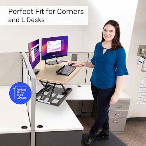 X-Elite Pro 40" Corner Standing Desk Converter with Pneumatic Lift | Adjustable Sit to Stand Riser, L-Shaped Desks & Cubicles | Fully Assembled Computer Workstation (American Maple)