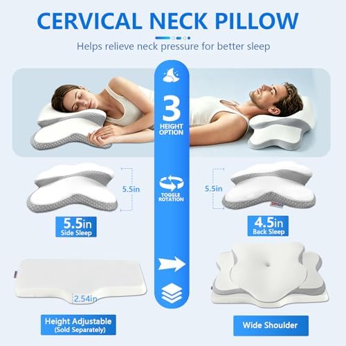 Cervical Neck Pillow for Neck Pain Relief & Side Sleeper | Ergonomic Pillow for Sleep Apnea, Neck Pain, and Snoring Relief | Orthopedic Memory Foam with Ergonomic Neck Support, White, Standard